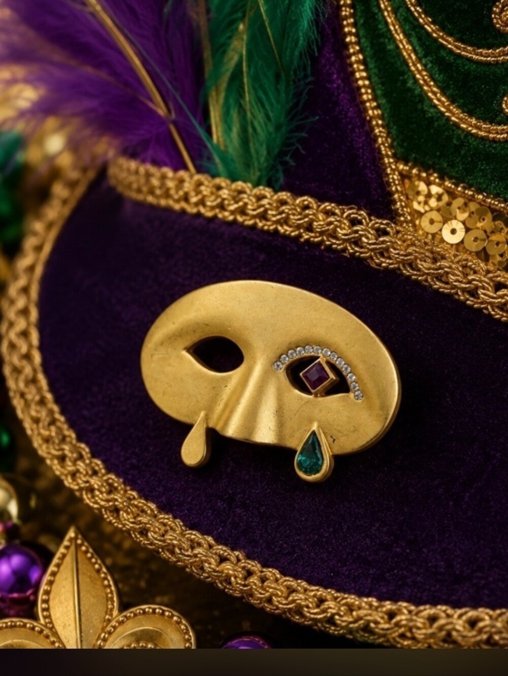 Gold Mask Brooch with Purple and Teal Gem Accents